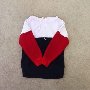 hooded red white and blue sweatshirt